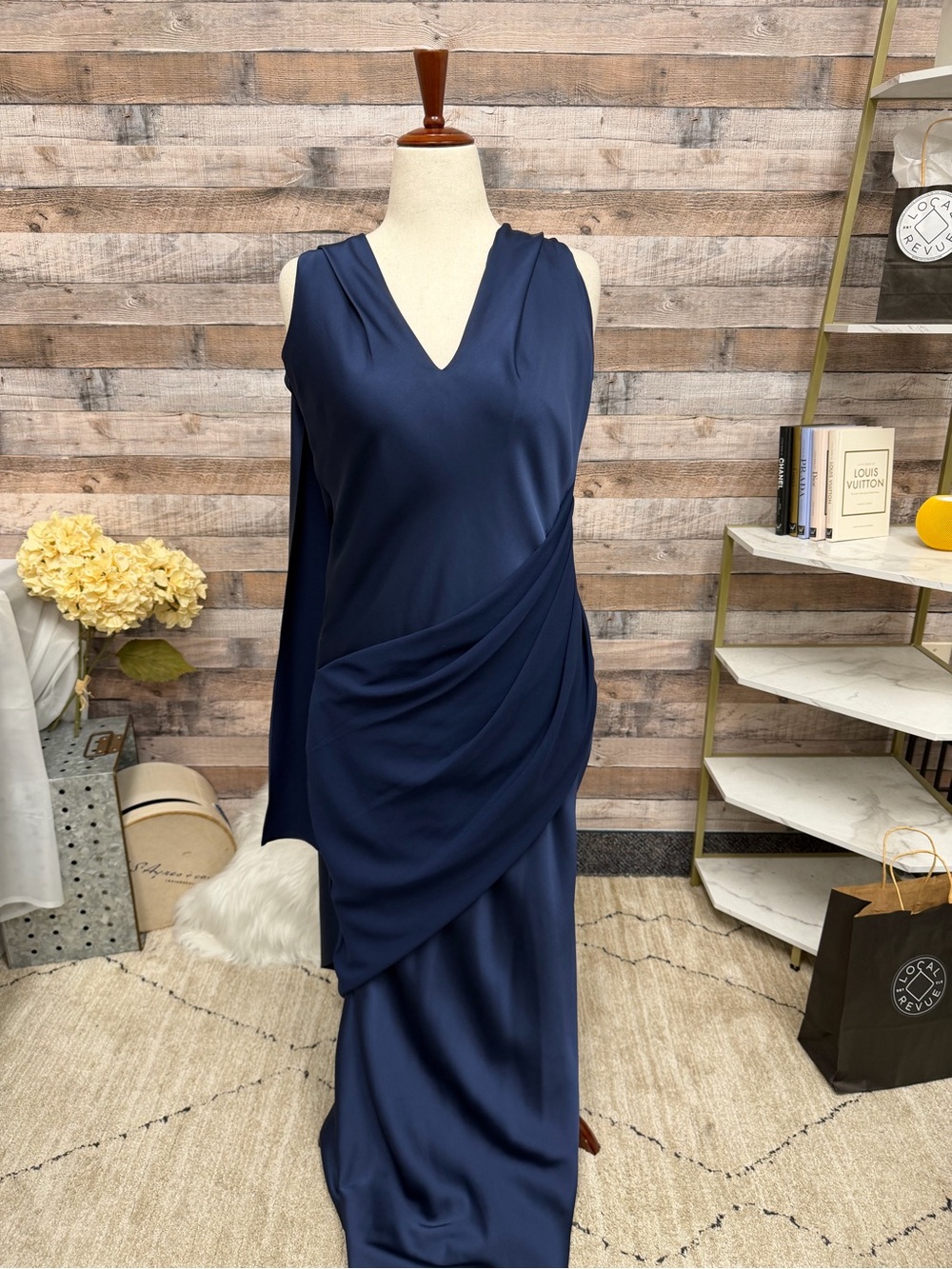 Halston navy draped evening gown 14